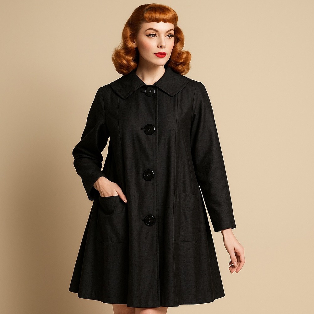 Vintage 50s 60s Black Raw Silk Coat Wide Collar Oversized Buttons ILGWU - Picture 1 of 13